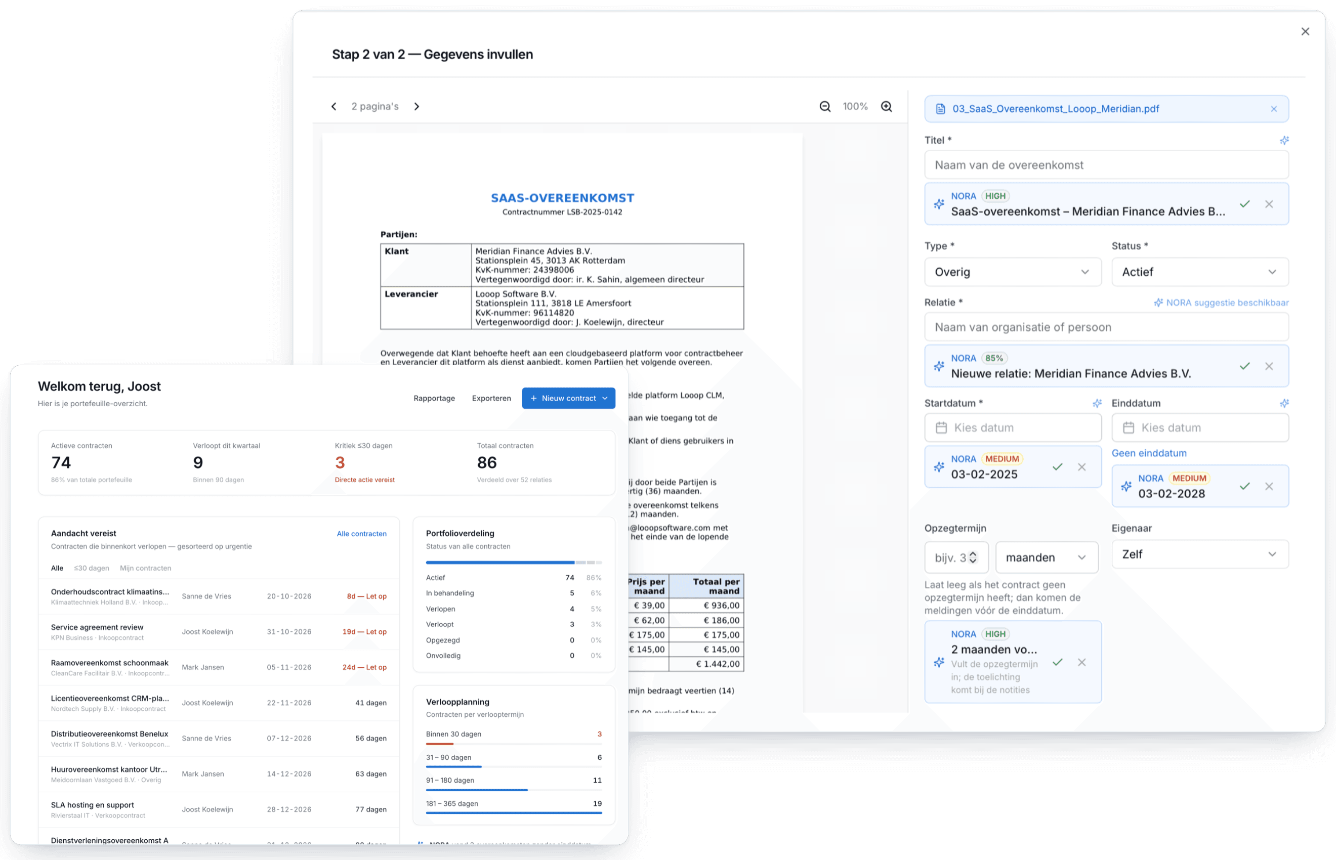 Nora AI leest een contract uit en stelt de gegevens voor, met daarvoor het Looop-dashboard met het portefeuille-overzicht