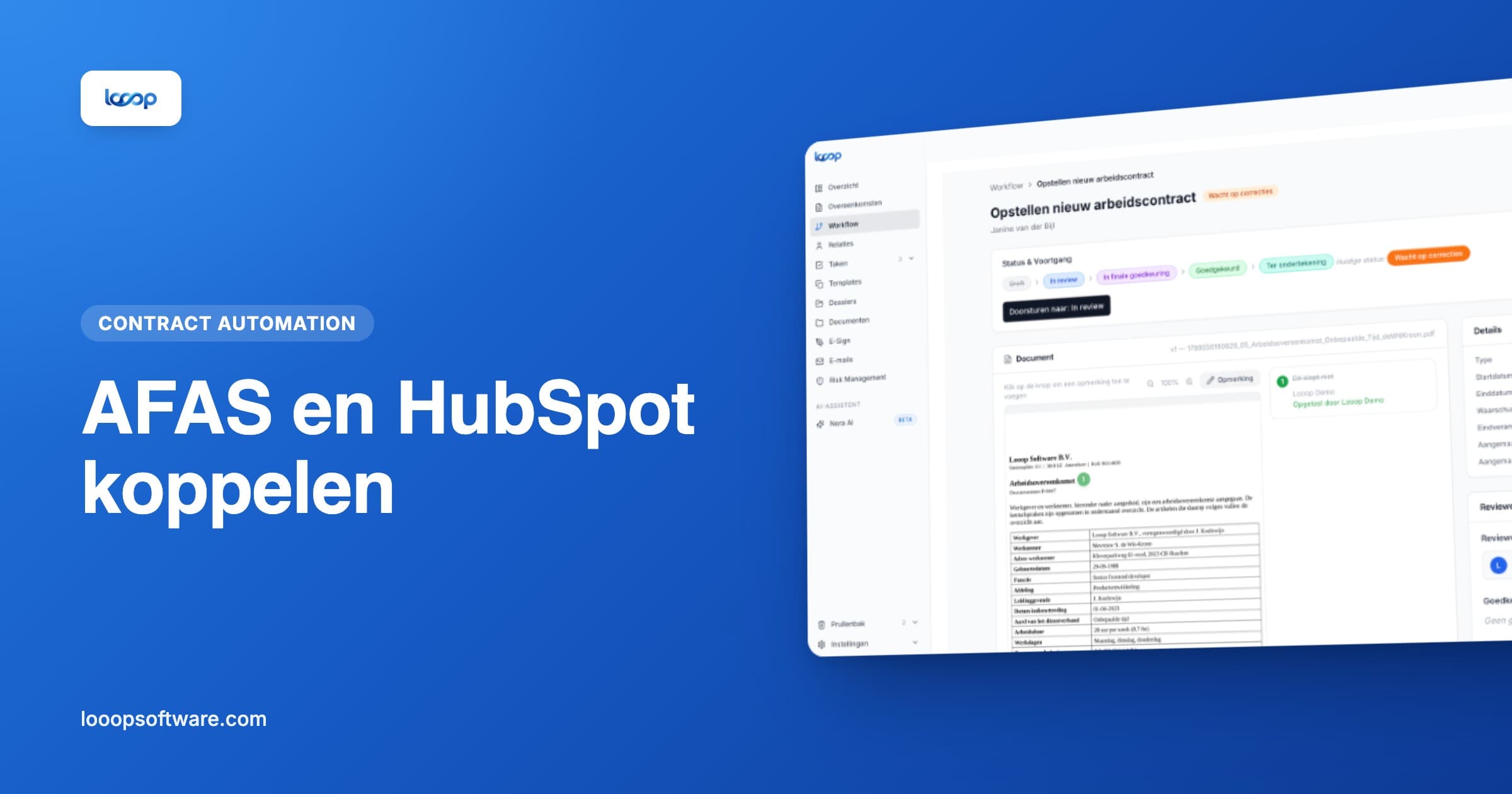 Schema van HubSpot, Looop en AFAS met relaties, gewonnen deals en debiteuren