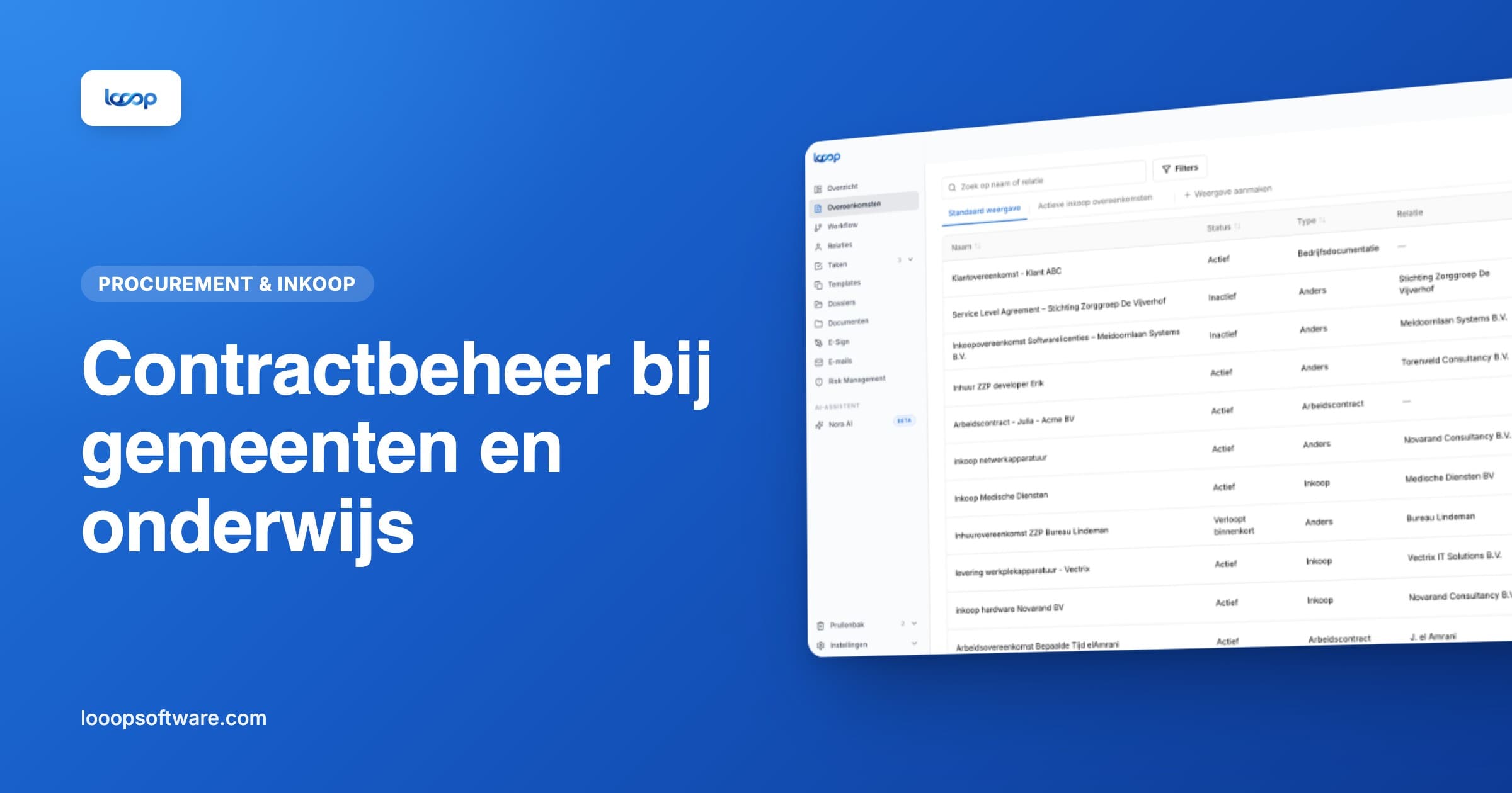Contractoverzicht in Looop als illustratie bij contractbeheer bij gemeenten en onderwijsinstellingen