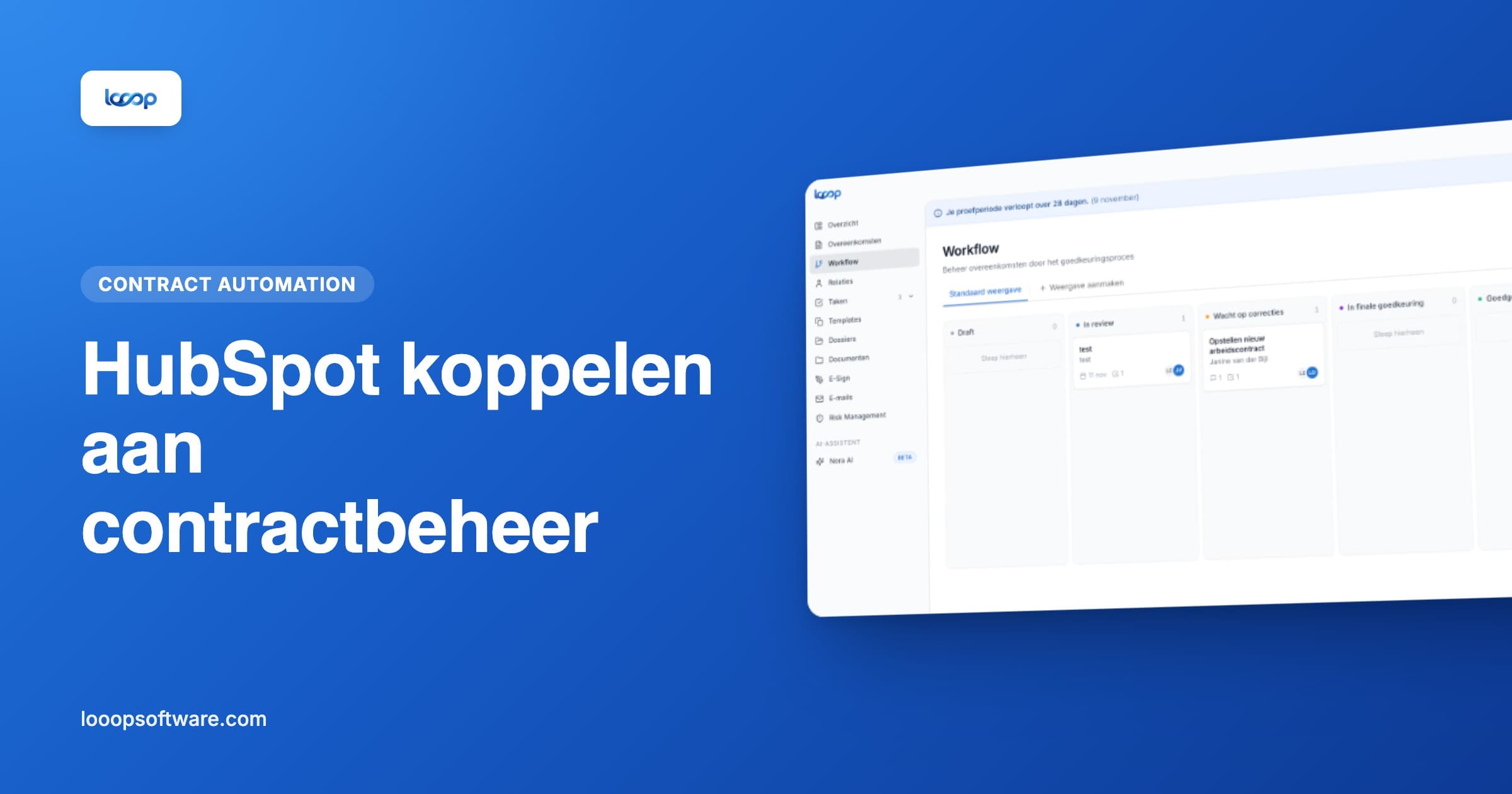 Workflow in Looop met een conceptworkflow die uit een gewonnen HubSpot-deal is ontstaan