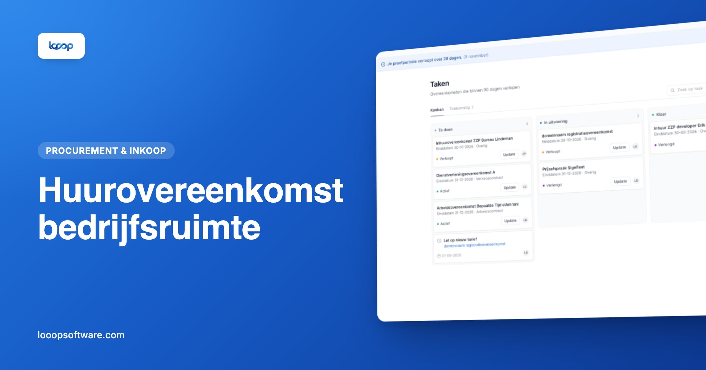 Takenoverzicht in Looop als illustratie bij het bewaken van een huurovereenkomst voor bedrijfsruimte