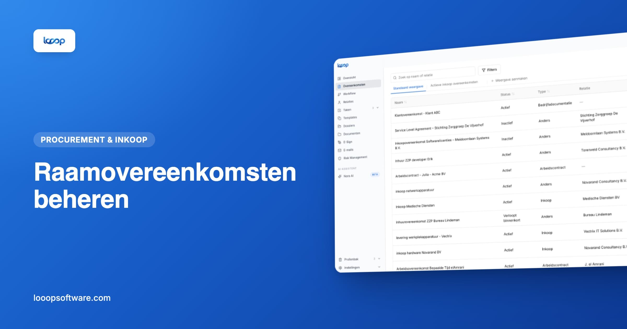 Contractoverzicht in Looop als illustratie bij het beheren van raamovereenkomsten
