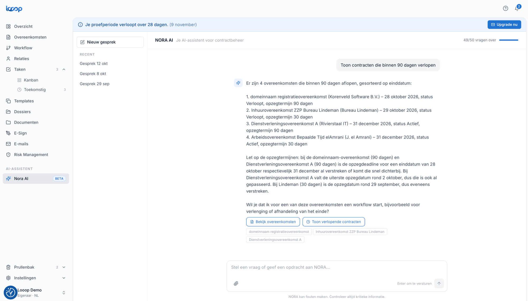 The NORA chat console answering a question about expiring contracts