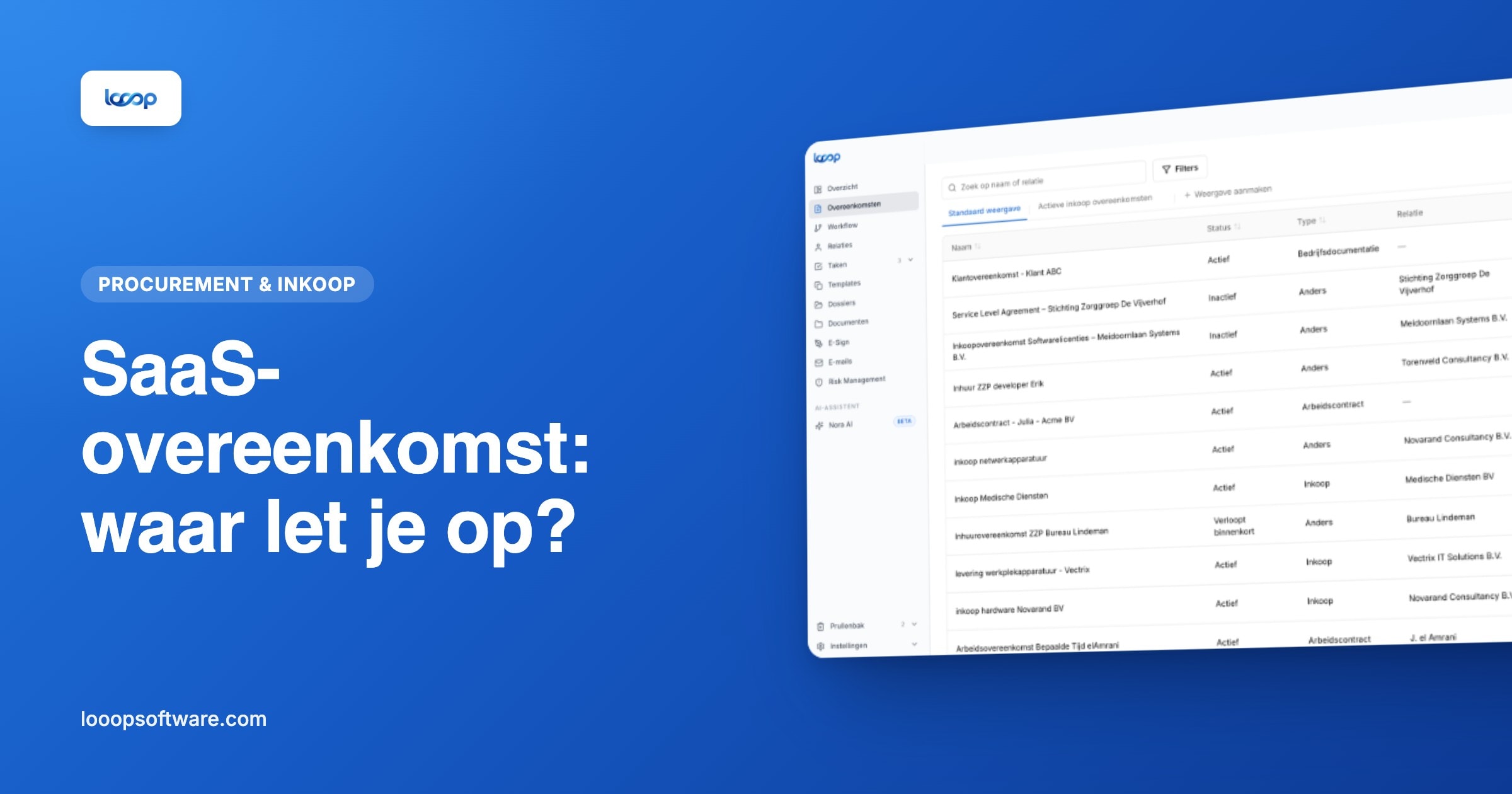 Overzicht van overeenkomsten in Looop als illustratie bij een SaaS-overeenkomst