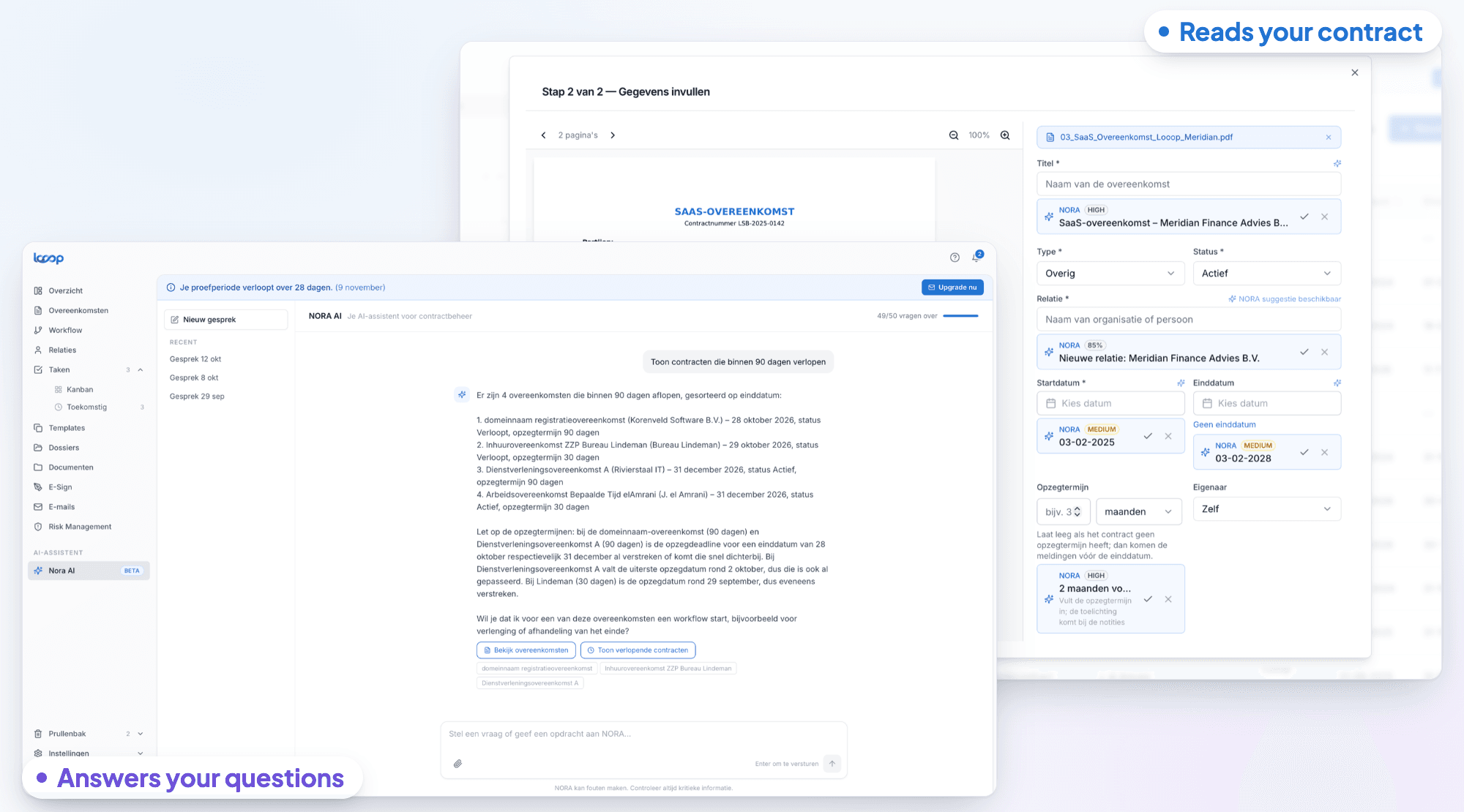 NORA AI in Looop suggesting the counterparty and contract data on upload